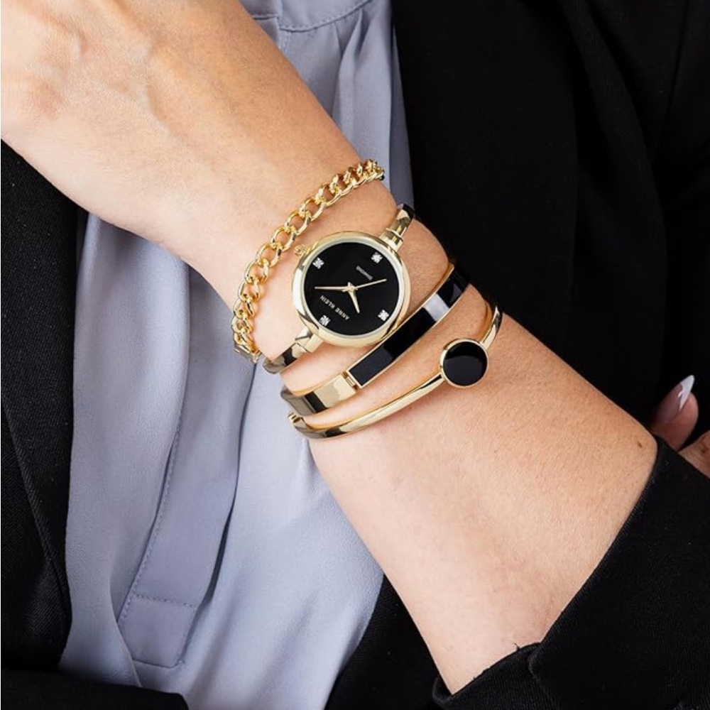 Luxurious Black and Gold Women's Watch and Bracelet Set by Anne Klein NWT